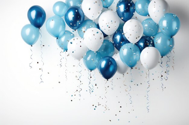 Globos blancos y azules y cinta de confeti con decoración festiva de aniversario y cumpleaños sobre fondo blanco.