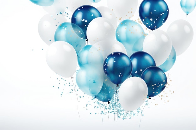 Globos blancos y azules y cinta de confeti con decoración festiva de aniversario y cumpleaños sobre fondo blanco.