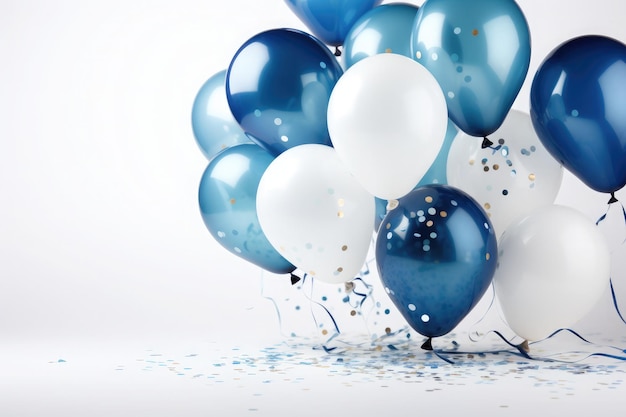Globos blancos y azules y cinta de confeti con decoración festiva de aniversario y cumpleaños sobre fondo blanco.