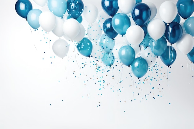 Globos blancos y azules y cinta de confeti con decoración festiva de aniversario y cumpleaños sobre fondo blanco.