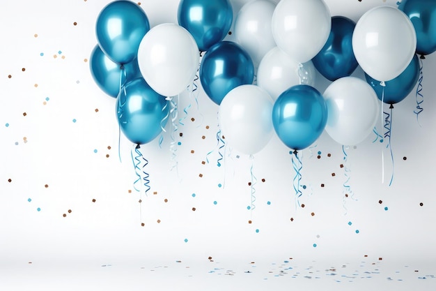 Globos blancos y azules y cinta de confeti con decoración festiva de aniversario y cumpleaños sobre fondo blanco.