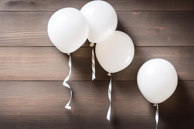 Globos blancos sobre una mesa de madera