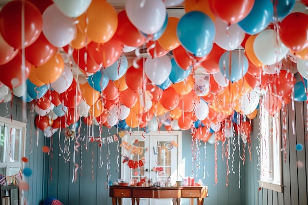 Globos colgando del techo de una habitación con una mesa y una puerta al fondo.