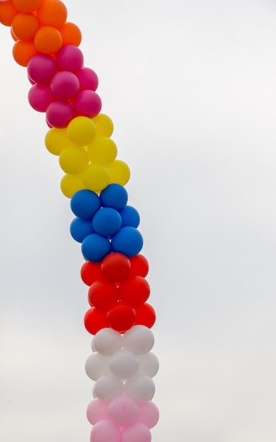 Globos de colores en el aire entre árboles.