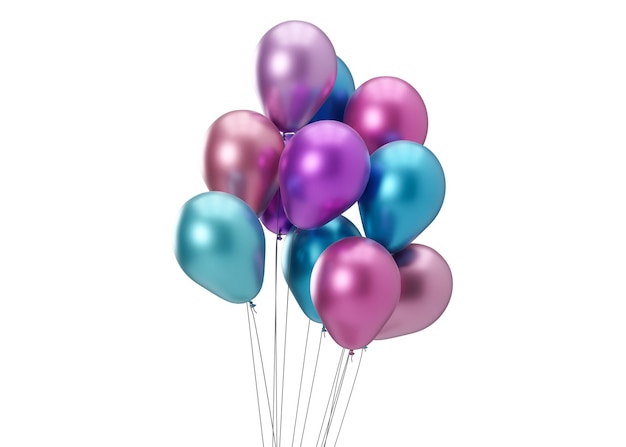 Globos de colores aislados sobre fondo blanco Elemento de celebración de cumpleaños para representación 3d de tarjeta de evento