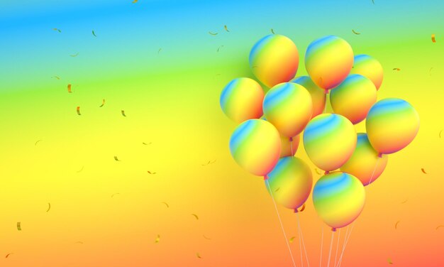 Globos de colores del arco iris flotando con confeti aislado para fondo de feliz cumpleaños 3d