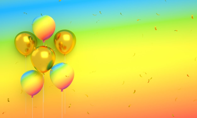 Globos de colores del arco iris flotando con confeti aislado para fondo de feliz cumpleaños 3d