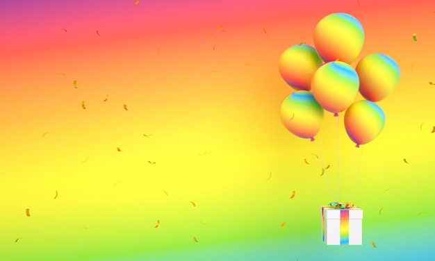 Foto globos de colores del arco iris flotando con confeti aislado para fondo de feliz cumpleaños 3d