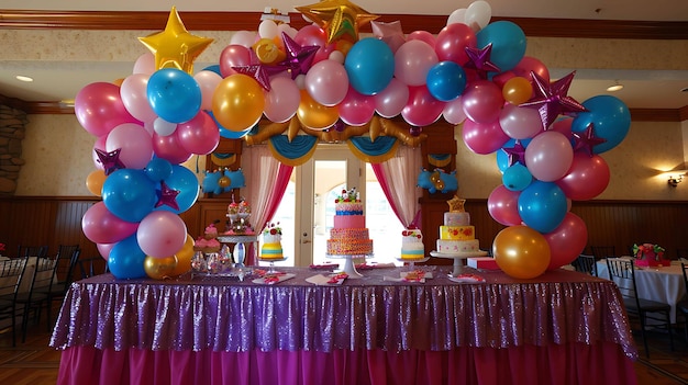 Los globos de colores se arquean sobre una mesa con un mantel rosa y decorados con pasteles y dulces