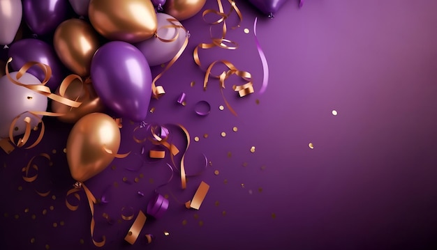 Globos de colores brillantes con confeti sobre un fondo morado