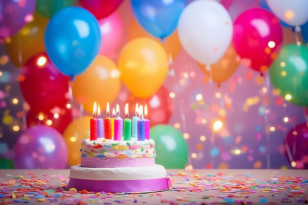 globos de colores brillantes y un pastel de cumpleaños con velas encendidas