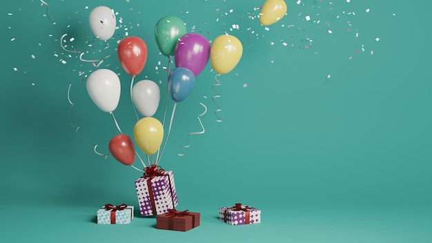 globos de colores y caja de regalo con renderizado 3d de fondo verde