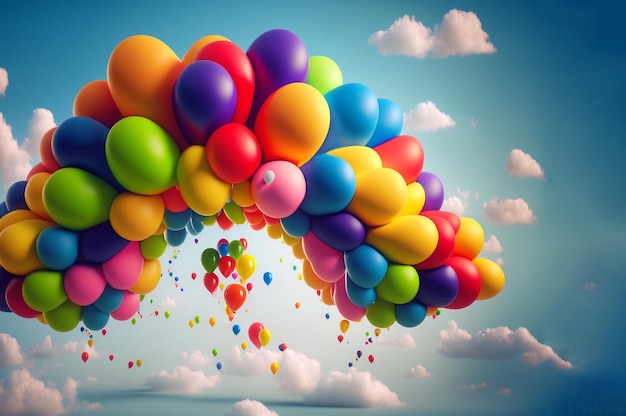 Globos de colores en el cielo con un fondo de cielo azul