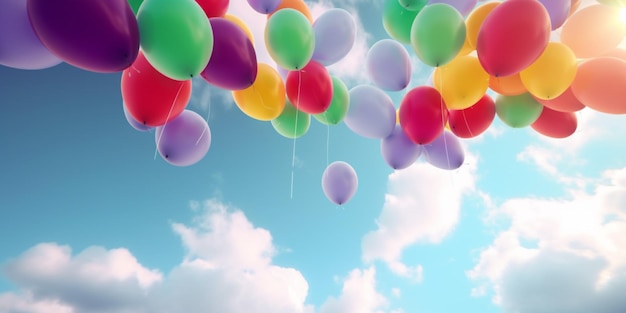 Globos de colores en el cielo con nubes en el fondo