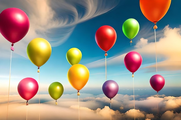 Globos de colores en el cielo con nubes y nubes.