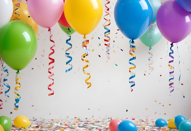 Foto los globos de colores y los confeti contra un fondo blanco borroso crean un ambiente festivo y