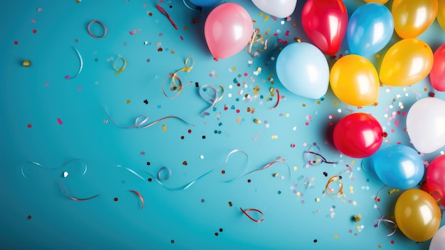 Globos de colores y confeti sobre un fondo azul espacio de copia de anuncio de celebración