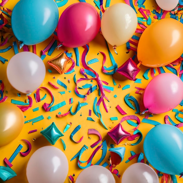 Foto globos de colores y confeti en la vista superior de la mesa amarilla fondo festivo o de fiesta estilo plano tarjeta de felicitación de cumpleaños