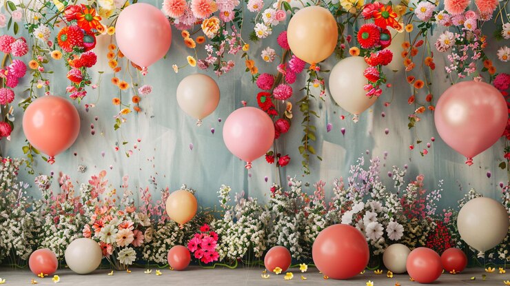 Los globos de colores están flotando en una pared floral creando una atmósfera festiva y alegre