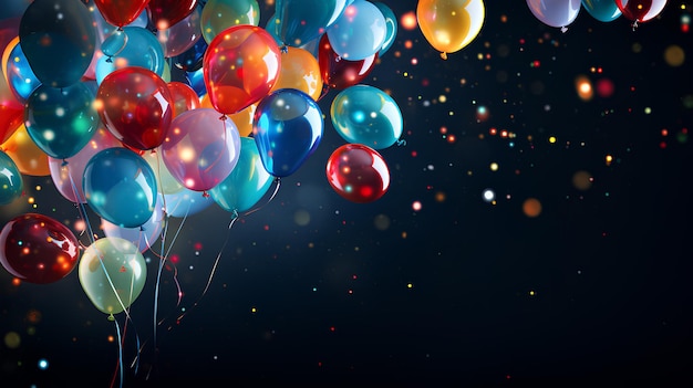 globos de colores de fondo de cumpleaños en el fondo negro con espacio de copia de texto