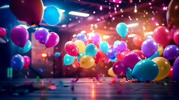 Foto globos de colores en una habitación oscura con confeti cayendo al suelo.