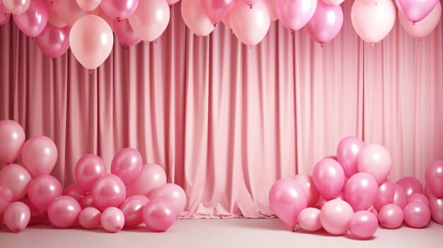 Globos de colores en una habitación rosa preparada para la fiesta de cumpleaños Fondo de AI