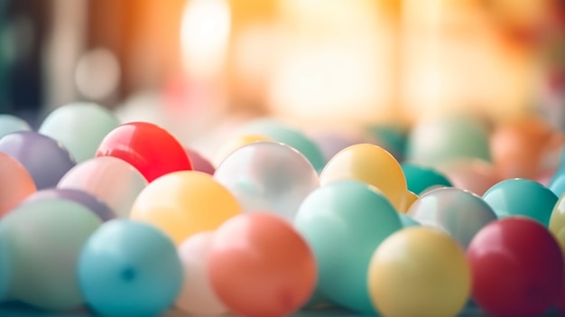 Globos de colores en un montón sobre una mesa