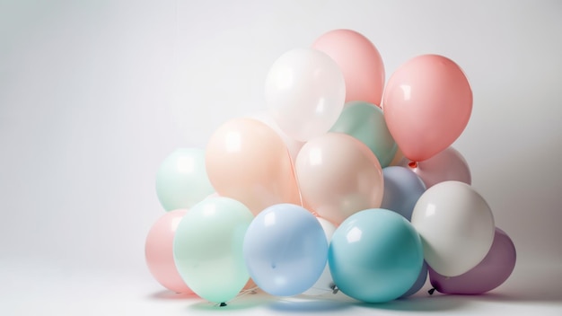 Globos de colores pastel en el fondo de la habitación blanca Fiesta y celebración