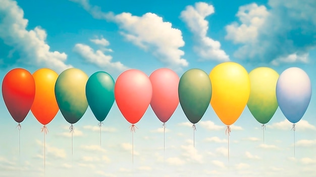 Globos de colores sobre fondo de cielo azul con espacio de copia Vintage tonedAI Generado