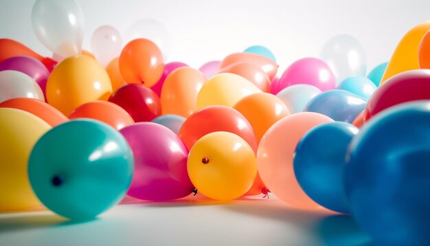 Globos de colores vibrantes levitan en celebración de un divertido evento generado por inteligencia artificial