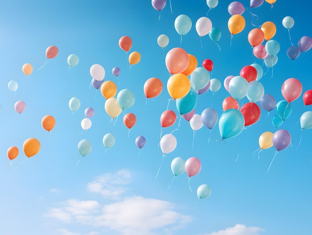 Globos de colores volando en el cielo azul