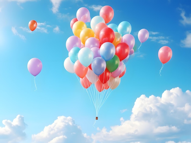 Globos de colores volando en el cielo azul