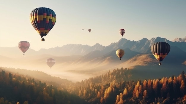 Los globos de colores vuelan en las nubes en el sol sobre las montañas, las colinas, la maqueta de banner de encabezado con espacio de copia AI