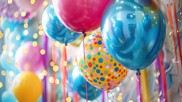 globos coloridos y serpentinas decorando una habitación para una fiesta del Día de los Niños