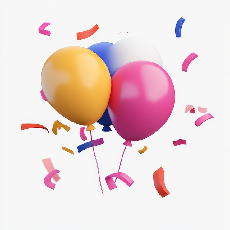 globos con confeti y rayas en un fondo blanco