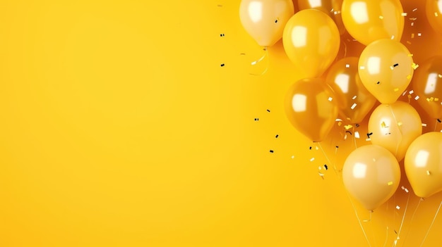 globos y confeti sobre fondo amarillo en blanco pon tu propio banner de texto