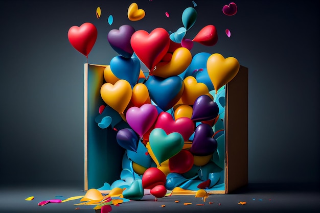 Globos de corazón coloridos vuelan fuera de una caja generativa ai