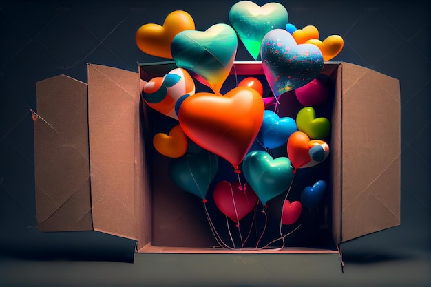 Globos de corazón coloridos vuelan fuera de una caja generativa ai