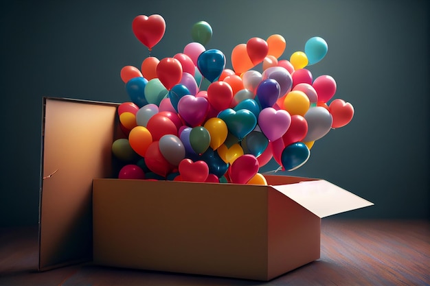 Foto globos de corazón coloridos vuelan fuera de una caja generativa ai
