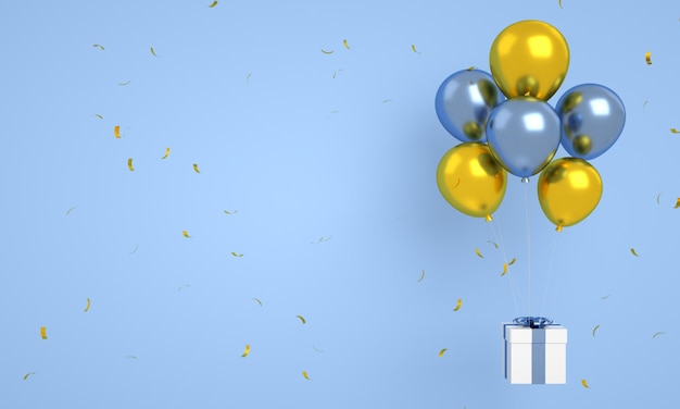 Globos dorados y azules flotando con confeti aislado para feliz cumpleaños fondo 3d