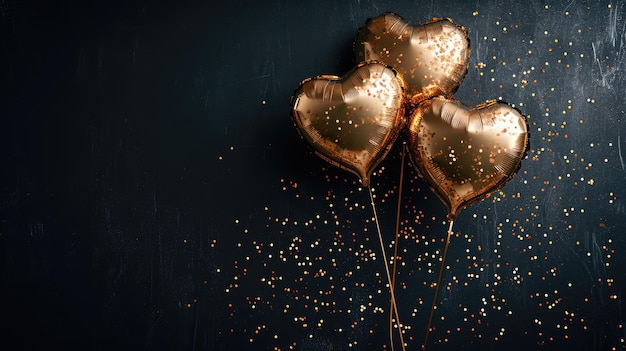Globos dorados generativos AI Foil en forma de corazón y confeti para el día de San Valentín o boda con espacio de copiax9xA