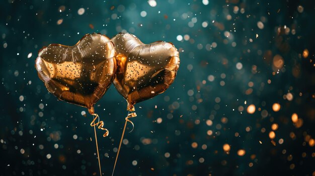 Globos dorados generativos AI Foil en forma de corazón y confeti para el día de San Valentín o boda con espacio de copiax9xA