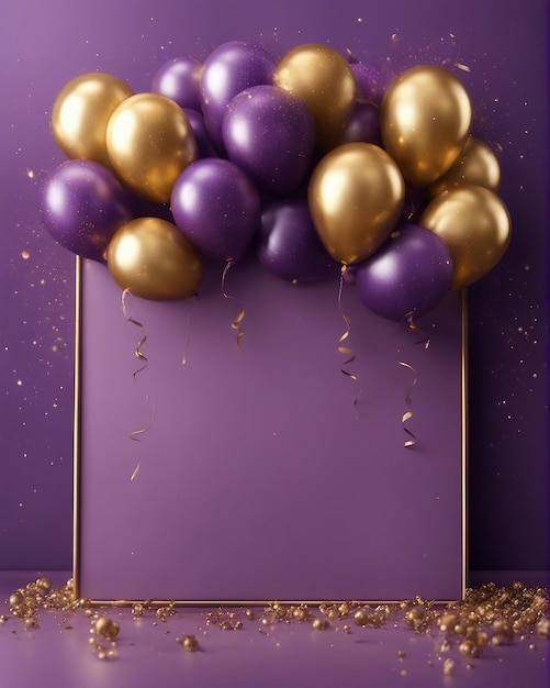Foto globos dorados y morados con plantilla de banner de partículas.