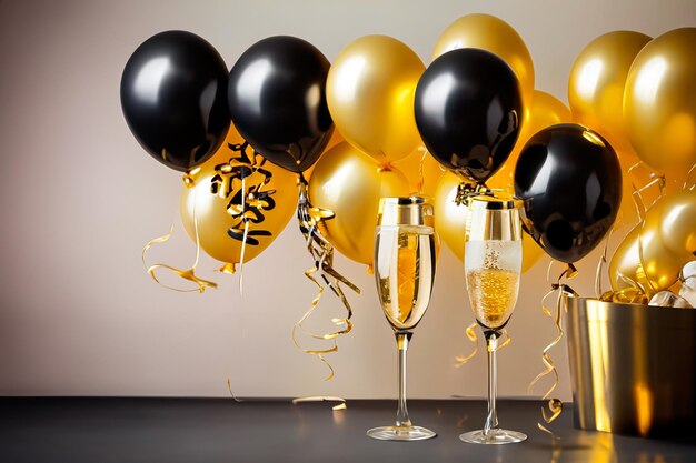 globos dorados y negros rayas y copas de champán en una atmósfera para dar la bienvenida al nuevo año