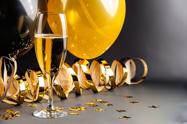 globos dorados y negros rayas y copas de champán en una atmósfera para dar la bienvenida al nuevo año