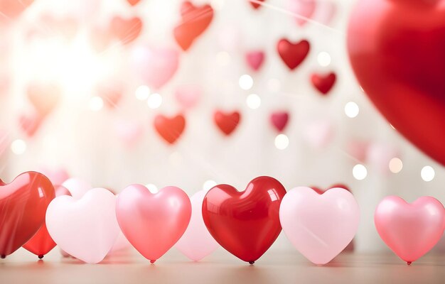 globos dorados rojos y rosados en forma de corazón sobre borrón bokeh blanco