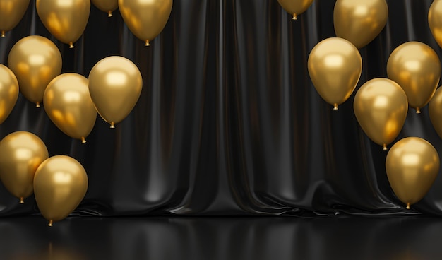 Globos dorados sobre fondo negro con cortinas. Escena de lujo en negro y oro. renderizado 3d