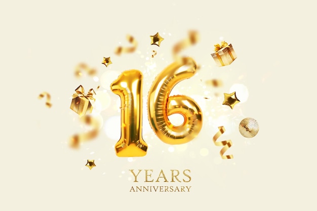 Globos festivos de oro 16 años de aniversario con confeti dorado presenta bola de espejo y estrellas vuelan sobre un fondo beige con luces bokeh y chispas cumpleaños lujo de dieciséis tarjeta una idea creativa