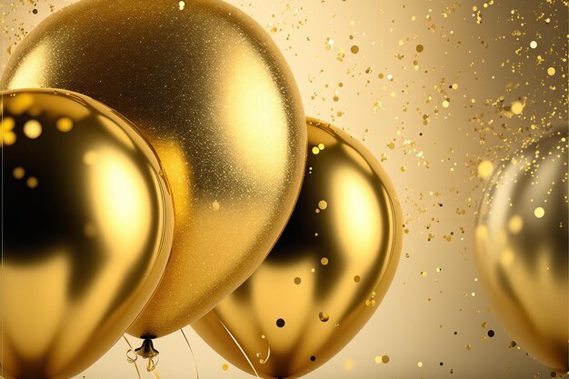 Globos de fiesta de lámina dorada sobre fondo de confeti dorado y serpentina brillante para el panel festivo de Año Nuevo