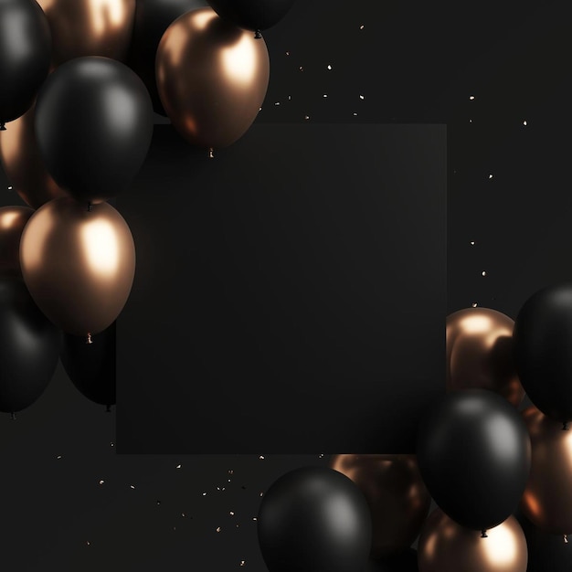 Globos de fiesta negros y dorados en esquinas Ilustración 3D Concepto de publicidad de Black Friday
